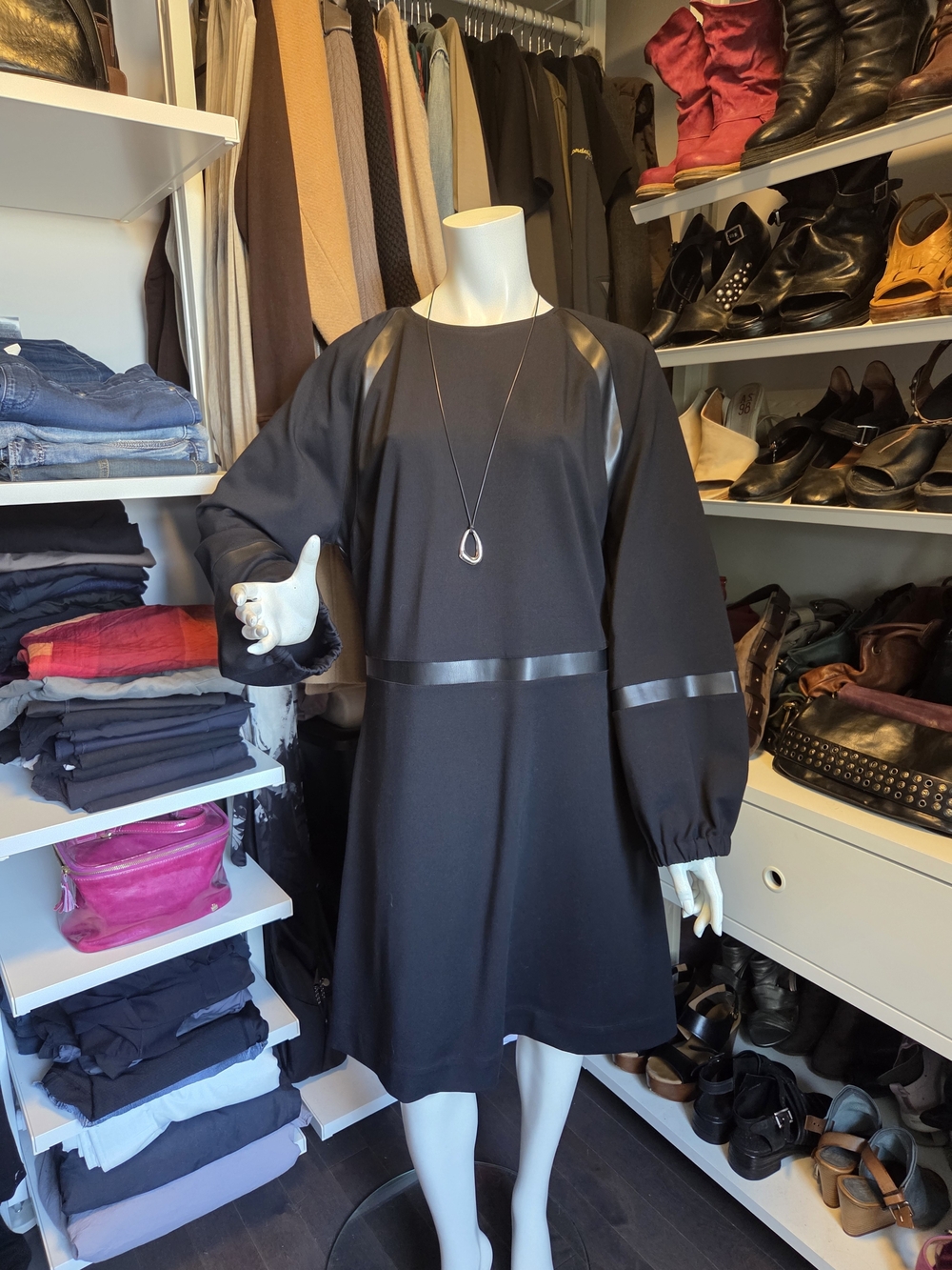 Tristan Black A-Line Dress with Faux-Leather Trim